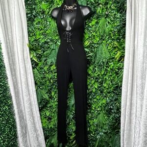 Superdown Jumpsuit Small Black Dela Ribbed Lace‎ Up Halter 3301